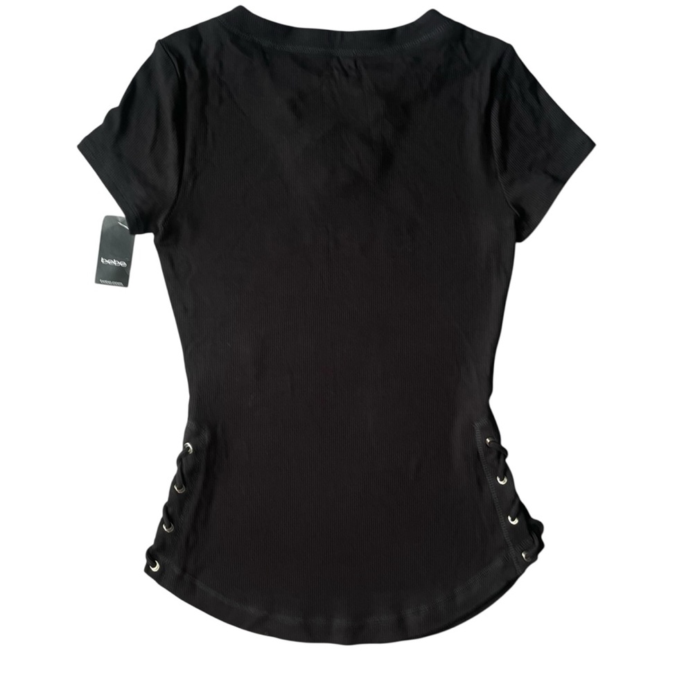 Bebe Ribbed Short Sleeve Rhinestone Tee Size S Black Y2K vibes - Picture 2 of 5